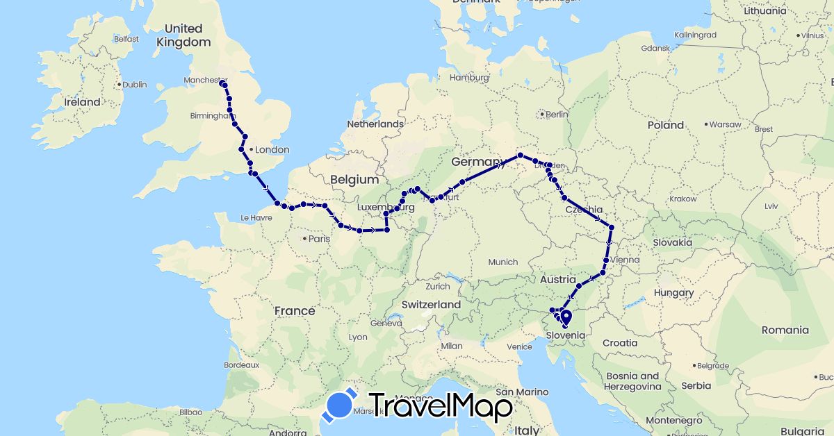 TravelMap itinerary: driving in Austria, Czech Republic, Germany, France, United Kingdom, Luxembourg, Slovenia (Europe)
